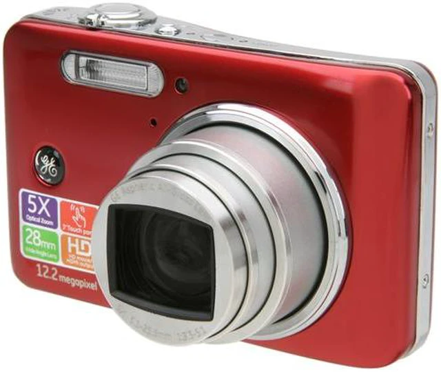 Refurbished: GE E1250TW Red 12.2 MP 28mm Wide Angle Digital Camera 