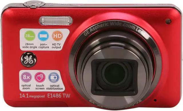 Alt view image 2 of 8 - GE E1486TW Red 14.1 MP 8X Optical Zoom 28mm Wide Angle Digital Camera HDTV Output