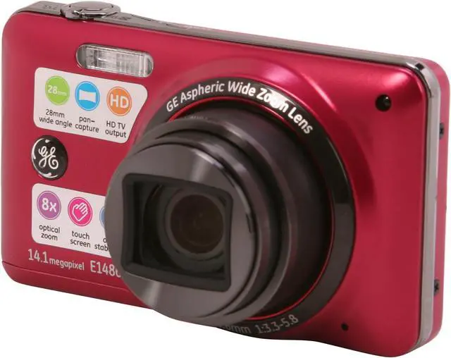 Main image of GE E1486TW Ruby Red 14.1 MP 8X Optical Zoom 28mm Wide Angle Digital Camera HDTV Output