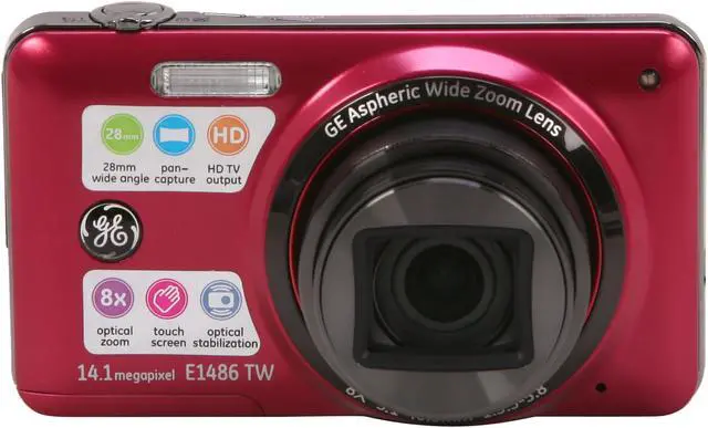 Alt view image 2 of 8 - GE E1486TW Ruby Red 14.1 MP 8X Optical Zoom 28mm Wide Angle Digital Camera HDTV Output