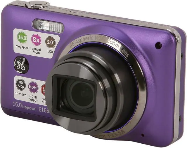 Main image of GE E1680W Purple 16 MP 8X Optical Zoom 28mm Wide Angle Digital Camera HDTV Output