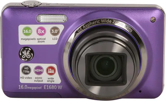 Alt view image 2 of 8 - GE E1680W Purple 16 MP 8X Optical Zoom 28mm Wide Angle Digital Camera HDTV Output
