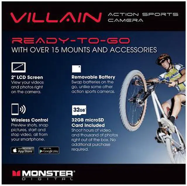 Alt view image 14 of 14 - Monster Digital Villain Action Camera - 1080p 30fps HD Video with 32GB micro SD and 16 Accessories [CAMVA-1080p]