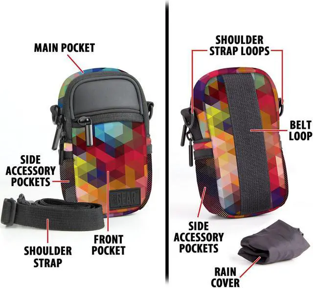 Alt view image 4 of 4 - Compact Point and Shoot Camera Case Geometric Sling Bag with Rain Cover, Accessory Pockets and Shoulder Strap by USA Gear