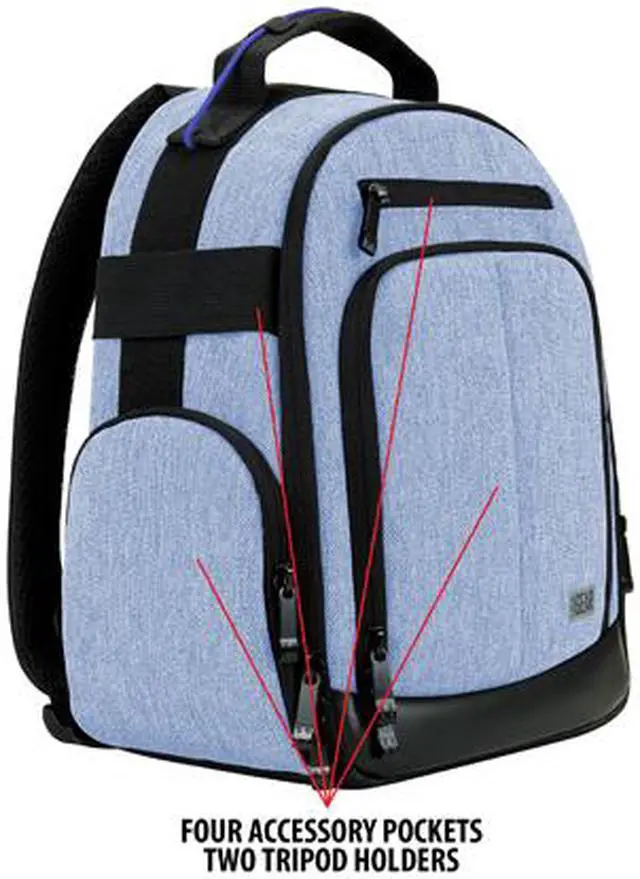 Alt view image 5 of 6 - USA Gear Compact Digital Camera Backpack (Blue) with Customizable Accessory Dividers, Weather Resistant Bottom, Comfortable Back Support for Canon EOS T5 / T6 - Nikon D3300 / D3400 and More SLRs