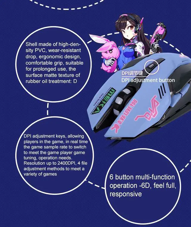 Alt view image 5 of 6 - 6 Buttons Gaming Breathing LED Backlit Gaming Mice D.VA Reaper Wired USB Computer Mouse for PC& Mac Overwatch Gamers