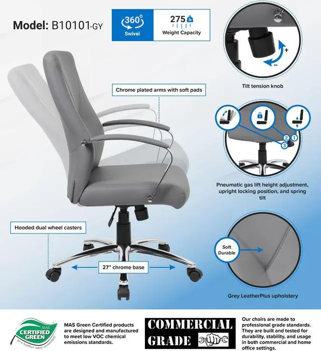 Alt view image 3 of 3 - Norstar B10101-GY LeatherPlus Executive Chair - Gray