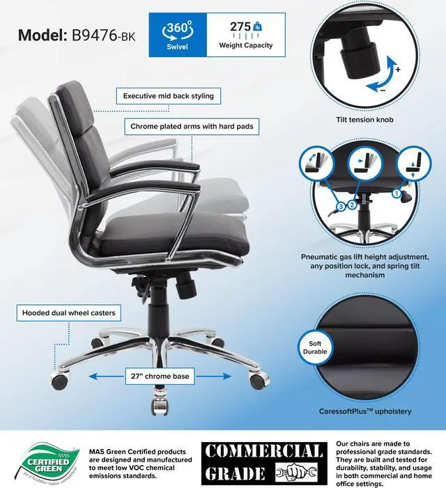 Alt view image 7 of 7 - BOSS Caressoftplus Vinyl Executive Mid-Back Chair (B9476-BK)