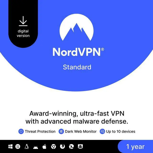 Main image of NordVPN Internet Security and Privacy Software for Windows/MacOS/Android/iOS - 10 Devices - 12-month VPN Subscription - Download