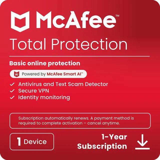 Main image of McAfee Total Protection  (Windows, macOS, Android, iOS, ChromeOS) 2025 | 1 Device | Includes Antivirus, Scam Protection, Secure VPN | 1-Year Subscription with Auto-Renewal | Digital Download