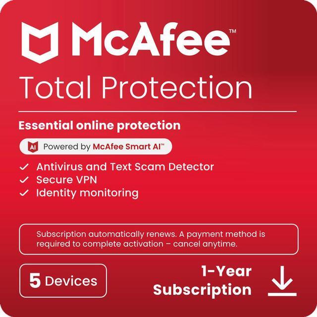 Main image of McAfee Total Protection  (Windows, macOS, Android, iOS, ChromeOS) 2025 | 5 Device | Includes Antivirus, Scam Protection, Secure VPN | 1-Year Subscription with Auto-Renewal | Digital Download