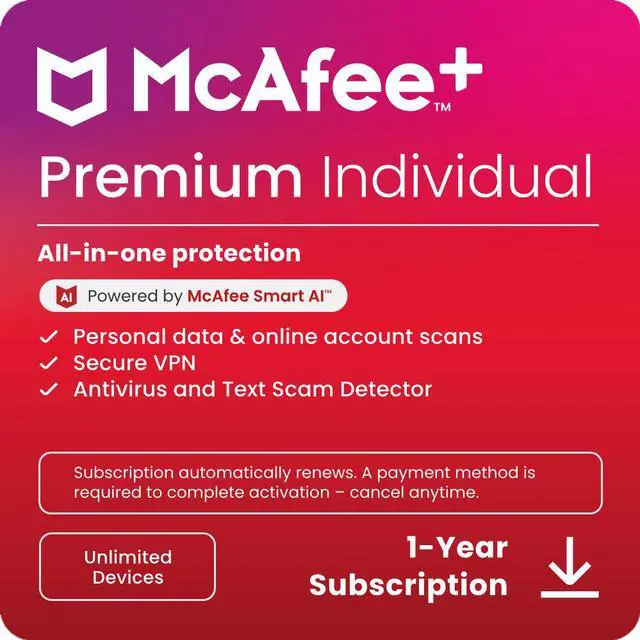 Main image of McAfee+ Premium Individual Unlimited Devices 2025 | Cybersecurity Software Includes Antivirus, Scam Protection, Secure VPN, Identity Monitoring |1-Year Subscription with Auto-Renewal |Digital Download