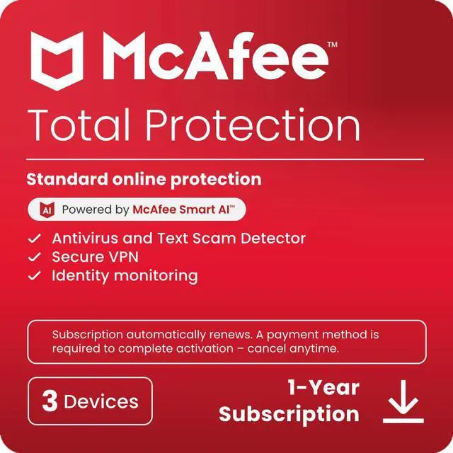 Main image of McAfee Total Protection  (Windows, macOS, Android, iOS, ChromeOS) 2025 | 3 Device | Includes Antivirus, Scam Protection, Secure VPN | 1-Year Subscription with Auto-Renewal | Digital Download