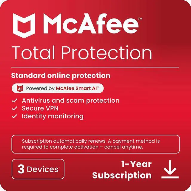 Main image of McAfee Total Protection [Student & Teacher Edition]  (Windows, macOS, Android, iOS, ChromeOS) - 3 Devices - 1-Year Subscription with Auto-Renewal (Digital Download)
