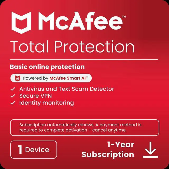 Main image of McAfee Total Protection (Windows, macOS, Android, iOS, ChromeOS) 2025 | 1 Device | Includes Antivirus, Scam Protection, Secure VPN | 1-Year Subscription with Auto-Renewal | Digital Download