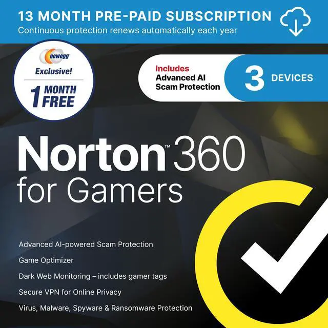 Main image of Norton 360 for Gamers for 3 Devices, 13 Month Subscription with Auto Renewal - NEWEGG EXCLUSIVE - Includes Advanced AI Scam Protection, Game Optimizer, Gamer tag monitoring, VPN - Download