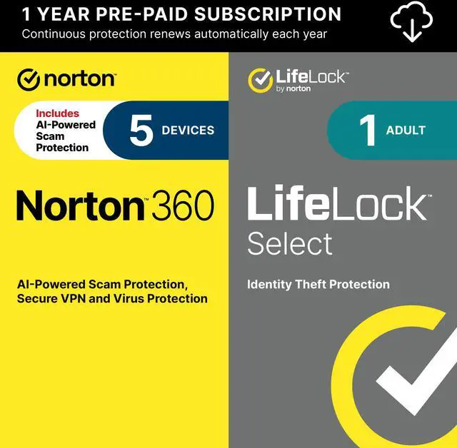 Main image of Norton 360 for 5 Devices with LifeLock Select, 1 Year Subscription with Auto Renewal, All-in-One Protection for your Devices, Online Privacy, and Identity [Download]