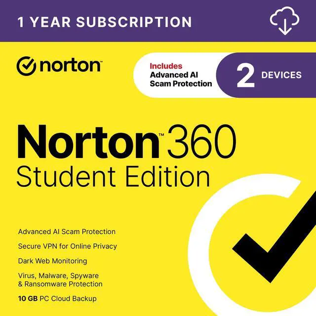 Main image of Norton 360 Student Edition – Antivirus software for 2 Devices – Includes Advanced AI Scam Protection, VPN, & PC Cloud Backup [Download]