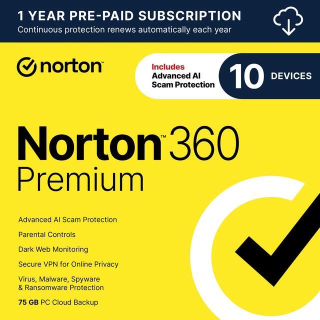 Main image of Norton 360 Premium 2025, Antivirus software for 10 Devices with Auto-Renewal – Includes Advanced AI Scam Protection, VPN & PC Cloud Backup [Download]