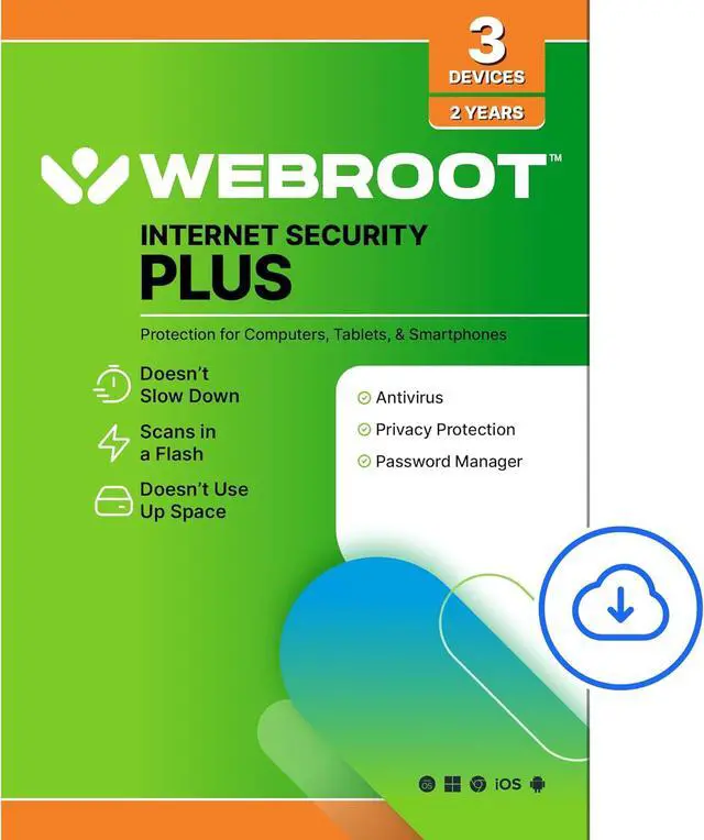 Main image of Webroot Internet Security Plus 2024 - 3 Device - 2 Year Download for PC/Mac/Chromebook/Android/IOS + Password Manager