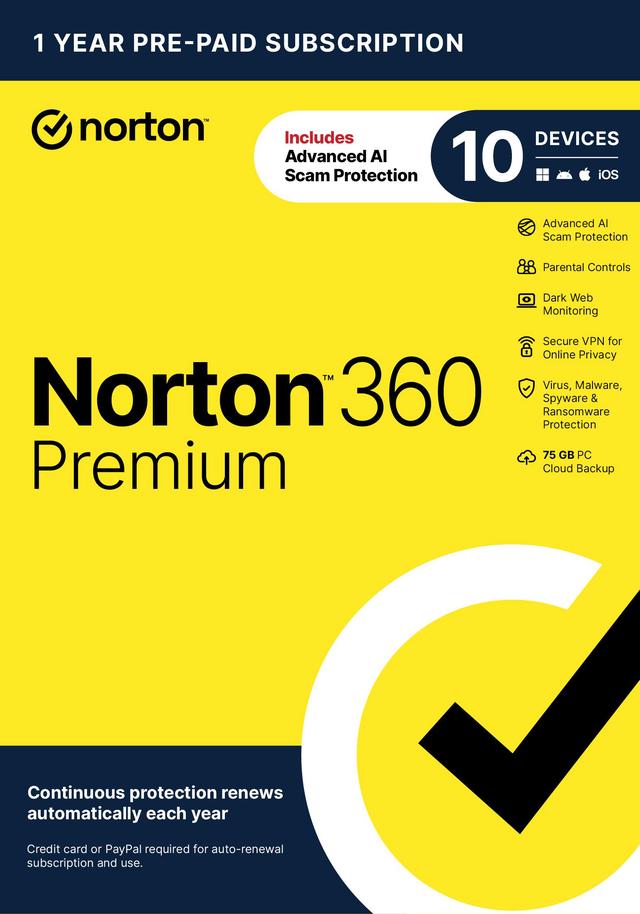 Main image of Norton 360 Premium, Antivirus software for 10 Devices with Auto-Renewal – Includes Advanced AI Scam Protection, VPN, Dark Web Monitoring & PC Cloud Backup - Key Card