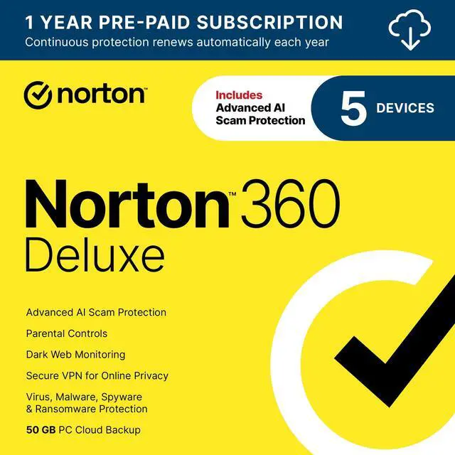 Main image of Norton 360 Deluxe 2025, Antivirus software for 5 Devices with Auto-Renewal – Includes Advanced AI Scam Protection, VPN & PC Cloud Backup [Download]
