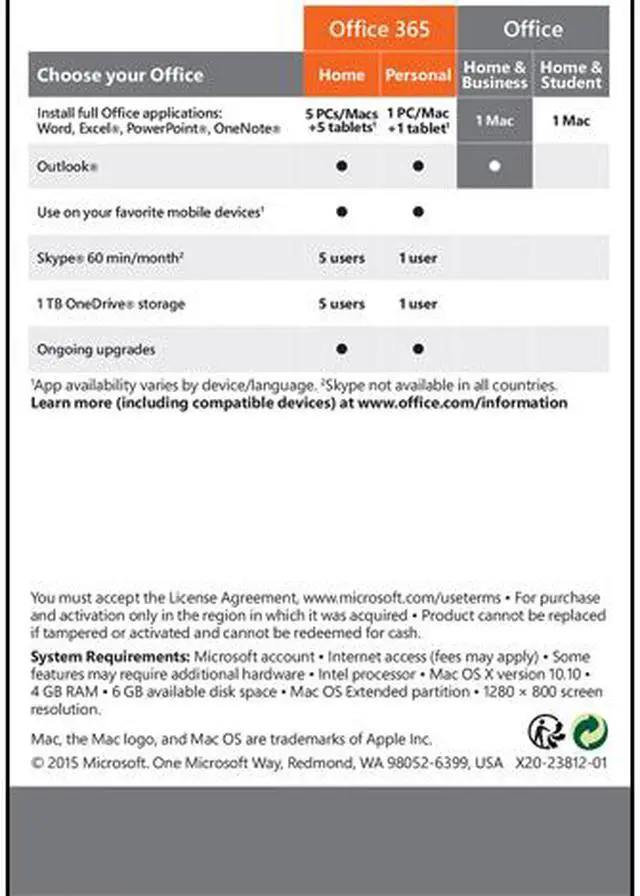 Alt view image 2 of 7 - Microsoft Office Home and Business 2016 Product Key Card - 1 Mac