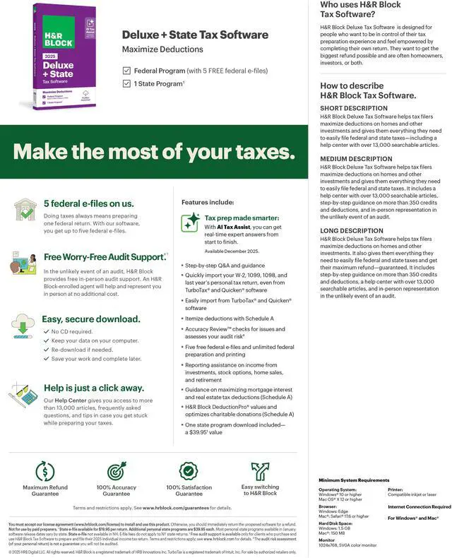 Alt view image 3 of 4 - H&R Block Tax Software Deluxe + State 2025 PC/Mac [Download]