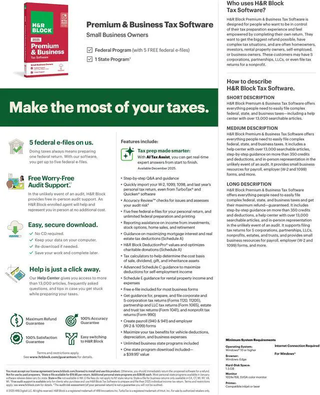 Alt view image 3 of 4 - H&R Block Tax Software Premium & Business 2025, PC Only [Download]