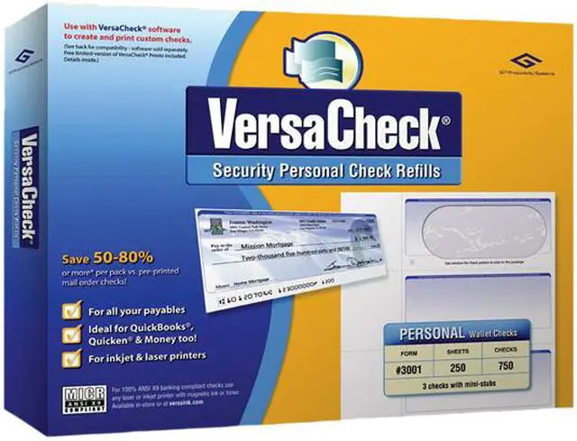 Main image of VersaCheck Form #3001 Personal Wallet Security Check Refills - Blue - Prestige (250 Sheets/750 Checks)