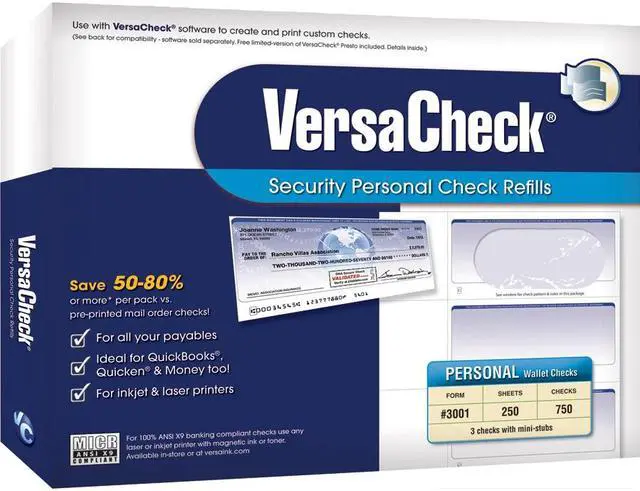Alt view image 2 of 2 - VersaCheck Form #3001 Personal Wallet Security Check Refills - Blue - Prestige (250 Sheets/750 Checks)