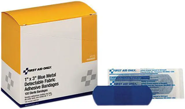 Main image of Adhesive Blue Metal Detectable Bandages, 1 x 3, Plastic w/Foil, 100/Bx, 12 Bx/Ct