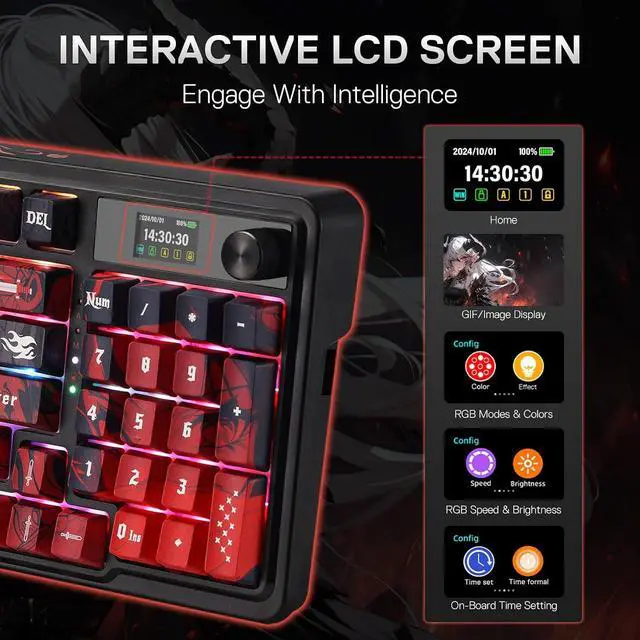 Alt view image 6 of 10 - Redragon K719 PRO Wireless RGB Gasket Gaming Keyboard, Dye-Sub Anime Keycap, Easy-Control LED Info Display, 0-Delay Tri-Mode, Cushioned 5-Layer Noise Dampening for Creamy Thocky Sound, 95% Layout