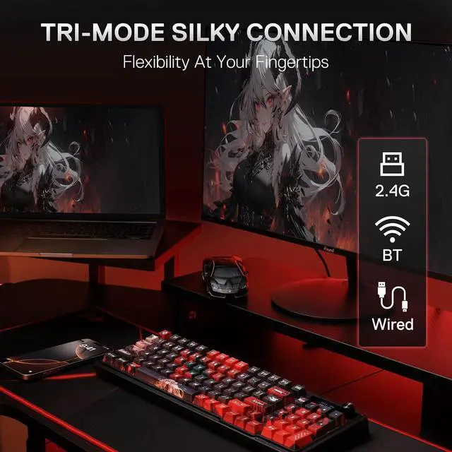 Alt view image 9 of 10 - Redragon K719 PRO Wireless RGB Gasket Gaming Keyboard, Dye-Sub Anime Keycap, Easy-Control LED Info Display, 0-Delay Tri-Mode, Cushioned 5-Layer Noise Dampening for Creamy Thocky Sound, 95% Layout