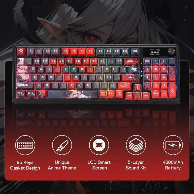 Alt view image 2 of 10 - Redragon K719 PRO Wireless RGB Gasket Gaming Keyboard, Dye-Sub Anime Keycap, Easy-Control LED Info Display, 0-Delay Tri-Mode, Cushioned 5-Layer Noise Dampening for Creamy Thocky Sound, 95% Layout