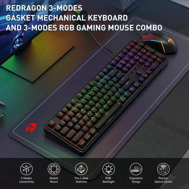 Alt view image 2 of 9 - Redragon S163 3-Mode Wilreess Gaming Keyboard & Mouse Combo, 108 Keys K689 PRO RGB Gasket Keyboard and 8000 DPI M693 Gaming Mouse Bundle, Convenient Shared Dongle