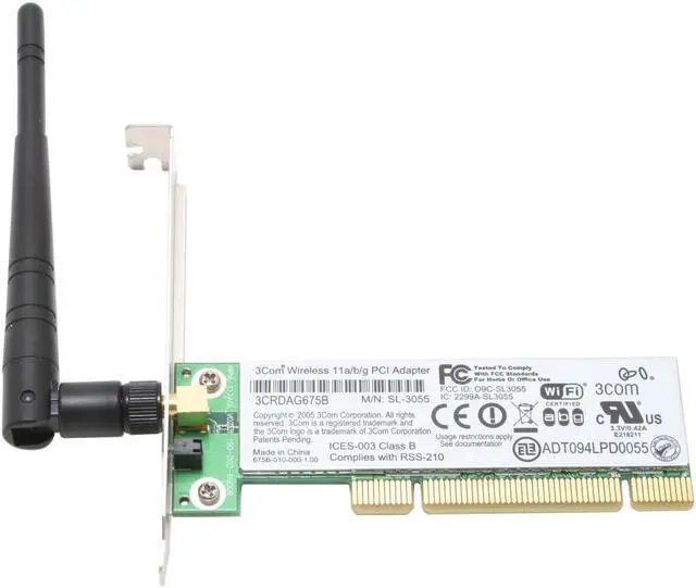 Alt view image 2 of 4 - 3com 3CRDAG675B WiFi WMM
WPA, WPA2
IEEE 802.11e
IEEE 802.1X
IEEE 802.3
IEEE 802.3u
Wi-Fi certified
IEEE 802.11a
IEEE 802.11b
IEEE 802.11g PCI Wireless Adapter up to 108Mbps Wireless Adapter