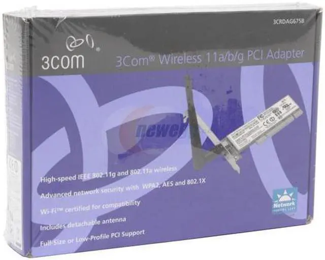Alt view image 4 of 4 - 3com 3CRDAG675B WiFi WMM
WPA, WPA2
IEEE 802.11e
IEEE 802.1X
IEEE 802.3
IEEE 802.3u
Wi-Fi certified
IEEE 802.11a
IEEE 802.11b
IEEE 802.11g PCI Wireless Adapter up to 108Mbps Wireless Adapter