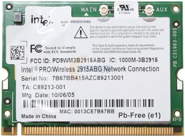 Alt view image 2 of 4 - Intel WM3B2915AGNAXF Wireless Adapter for Notebooks IEEE 802.11a, IEEE 802.11b, IEEE 802.11g, 802.11d, 802.11h, 802.11i, and 802.11e Mini PCI Up to 54Mbps Wireless Data Rates - OEM