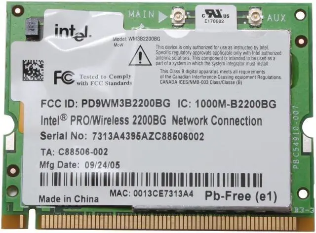 Alt view image 2 of 4 - Intel WM3B2200BGMWXF Wireless Network Connection IEEE 802.11b/g Mini PCI Up to 54Mbps Wireless Data Rates - OEM
