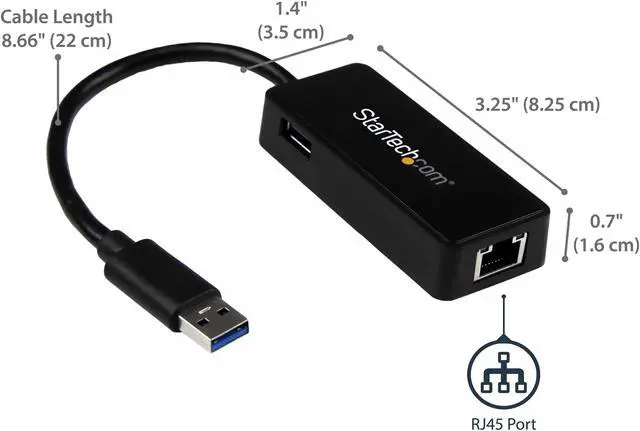Alt view image 2 of 6 - StarTech.com USB 3.0 to Gigabit Ethernet Adapter NIC w/ USB Port - Black