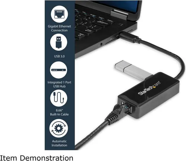 Alt view image 3 of 6 - StarTech.com USB 3.0 to Gigabit Ethernet Adapter NIC w/ USB Port - Black