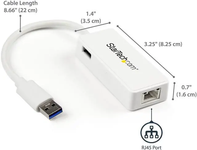 Alt view image 2 of 6 - StarTech USB31000SPTW USB 3.0 Gigabit Ethernet Adapter NIC w/ USB Port - White
