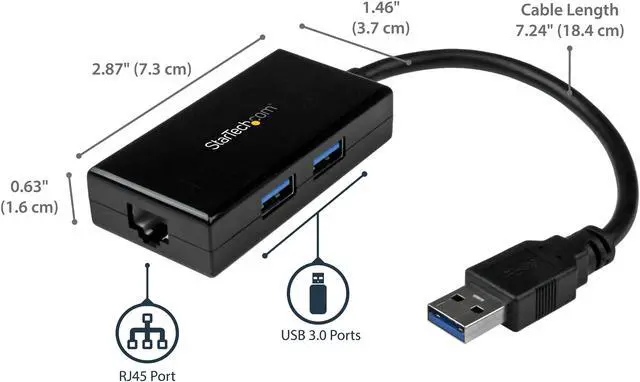 Alt view image 2 of 6 - StarTech.com USB 3.0 to Gigabit Network Adapter with Built-In 2-Port USB Hub - Native Driver Support (Windows, Mac and Chrome OS)
