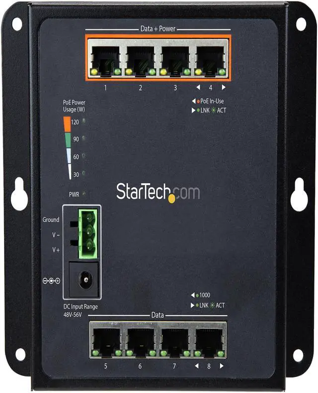 Alt view image 3 of 3 - StarTech.com Industrial 8 Port Gigabit PoE Switch - 4 x PoE+ 30W - Power Over Ethernet GbE Layer/L2 Managed Network Switch -40C to +75C