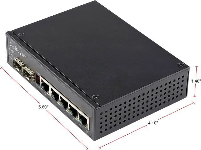 Alt view image 2 of 5 - StarTech.com IES1G52UPDIN Industrial 6 Port Gigabit Ethernet Switch 4 PoE RJ45 +2 SFP Slots 30W PoE+ 48VDC 10/100/1000 Power Over Ethernet LAN Switch -40°C to 75°C with DIN Connector/Mountable (IES1G52UPDIN)