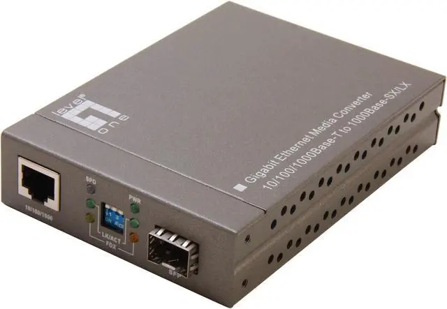 Main image of LevelOne GVT-4000 10/100/1000BaseT to SFP Media Converter 10/100/1000Mbps Fiber mini-GBIC 3.3V RJ-45 Socket CAT-5 (10/100/1000Mbps) Twisted Pair cable Auto MDI/MDI-X and Auto-Negotiation Function Support DIP Switch: DIP Switch 1: Fiber Aut