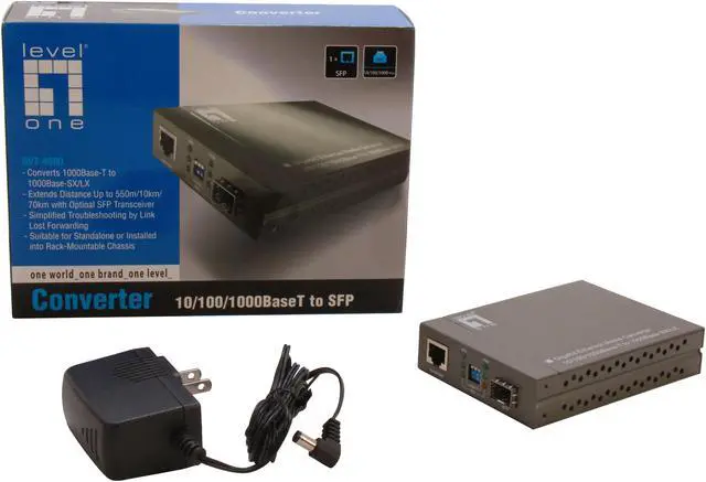 Alt view image 5 of 5 - LevelOne GVT-4000 10/100/1000BaseT to SFP Media Converter 10/100/1000Mbps Fiber mini-GBIC 3.3V RJ-45 Socket CAT-5 (10/100/1000Mbps) Twisted Pair cable Auto MDI/MDI-X and Auto-Negotiation Function Support DIP Switch: DIP Switch 1: Fiber Aut