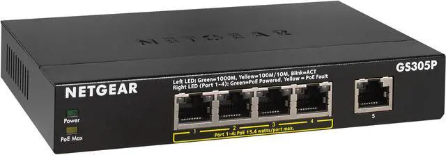 Main image of NETGEAR 5-Port Gigabit Ethernet Unmanaged Switch, Desktop, 55.5W 4xPoE, Sturdy Metal, Fanless, Plug-and-Play (GS305P)