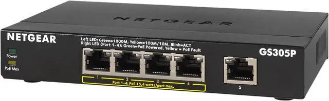 Alt view image 4 of 8 - NETGEAR 5-Port Gigabit Ethernet Unmanaged Switch, Desktop, 55.5W 4xPoE, Sturdy Metal, Fanless, Plug-and-Play (GS305P)